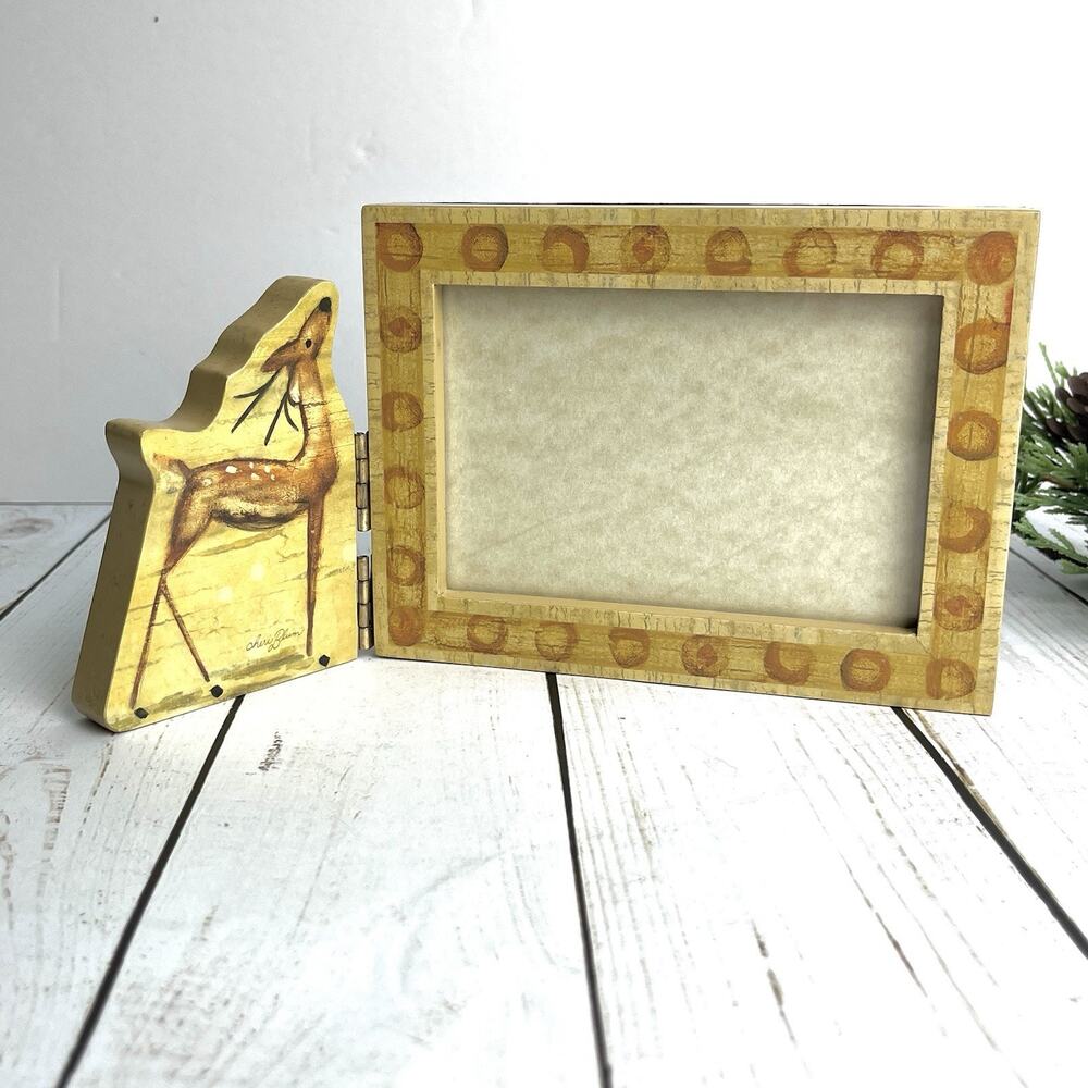 Vintage 2001 Cheri Blum Holidays Hinged Picture Frame Deer Fawn Wood Tone Nature